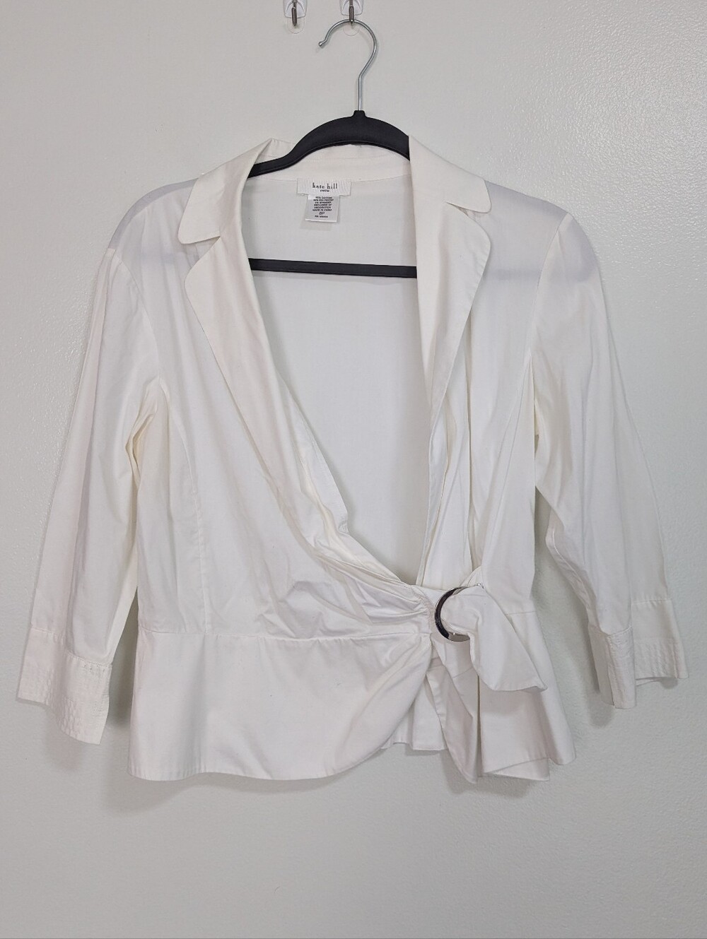 Kate Hill Petites Size 8P Crisp White Collared‎ D-Ring Wrap Blouse Cotton Blend